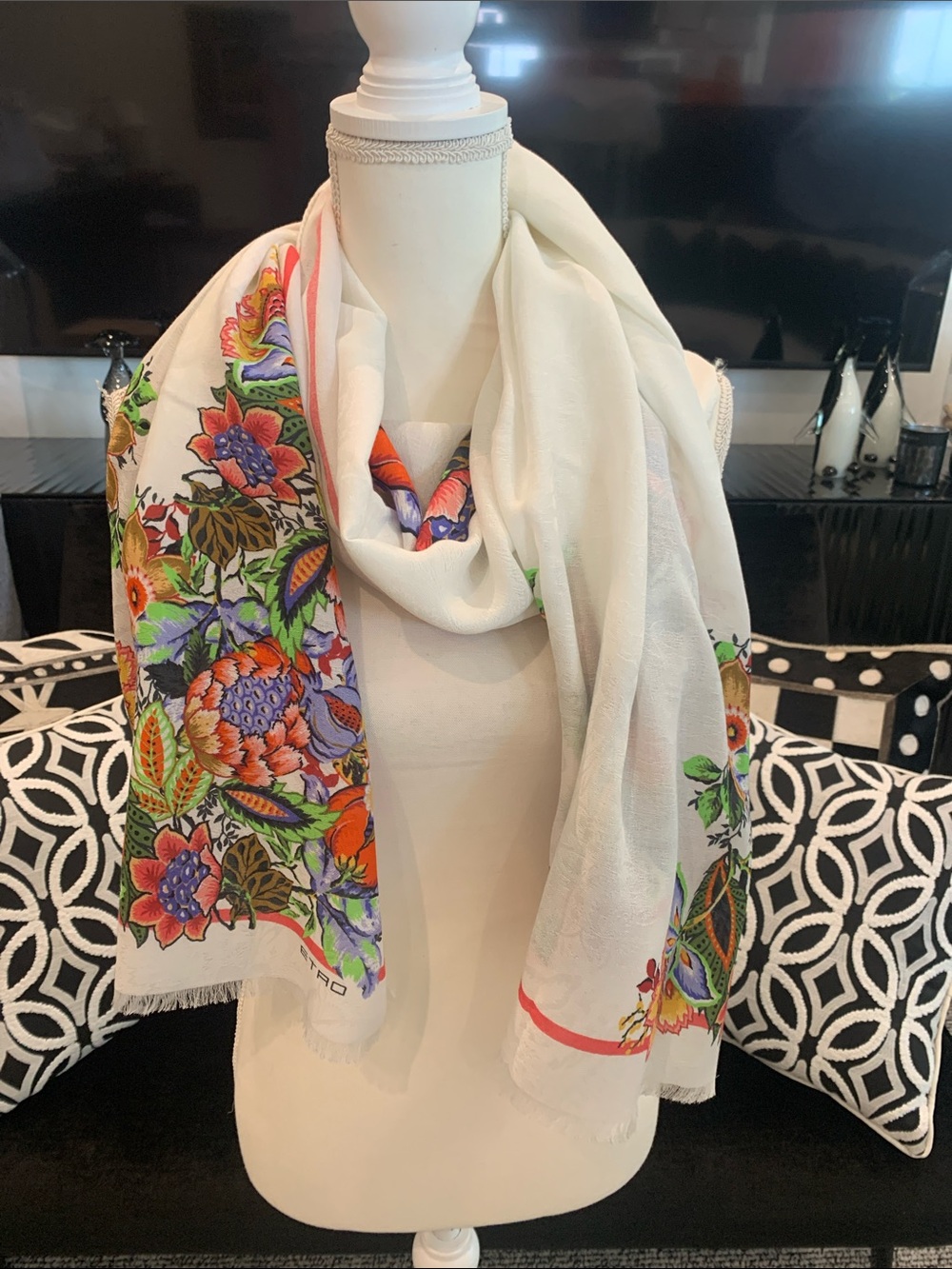 ETROFloral Border White Scarf with Multicolor Bouquet. Worn once. 30”x78” SILK